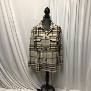 Zara Flannel Shirt Womens Size XS Beige Brown Plaid Button Down Shacket Casual